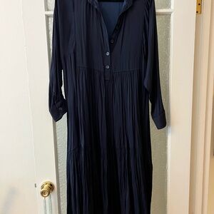 Taylor Silky Navy Blue Long Sleeve Flowy Dress